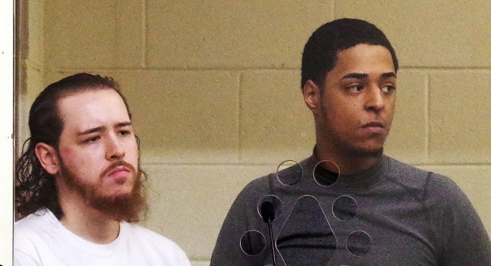 From left, Antonio Dejesus, 26, of Taunton, and Sirick Amado, 24, of Brockton, are arraigned in Brockton District Court on Monday, April 1, 2024, in the fatal shooting of 27-year-old Sederick Abreu inside the home at 36 Hoover Ave. in Brockton on Sunday, March 31.