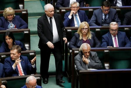 Jaroslaw Kaczynski, leader of the ruling Law and Justice (PiS) party arrives at the Lower House of the Parliament before the session to vote on the bill that would criminalise "the promotion of underage sex" at the parliament in Warsaw