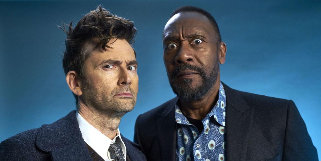 london, united kingdom march 2023 actors david tennant l and lenny henry pose for a portrait behind the scenes of a doctor who sketch for red nose day 2023 on march 3, 2023 in london,england photo by david emerybbccomic relief via getty images