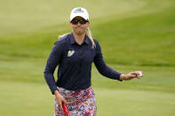 Jodi Ewart Shadoff, of England, reacts after making a putt on the third green during the final round of the ShopRite LPGA Classic golf tournament, Sunday, June 12, 2022, in Galloway, N.J. (AP Photo/Matt Rourke)