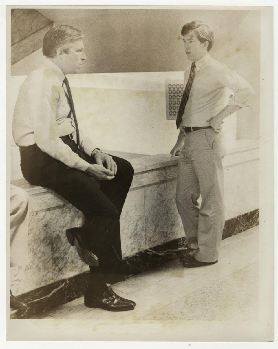 Roy Blunt (right), who was then Greene County Clerk, stands with State Senator Dennis Smith before election night in 1982 at the county courthouse.