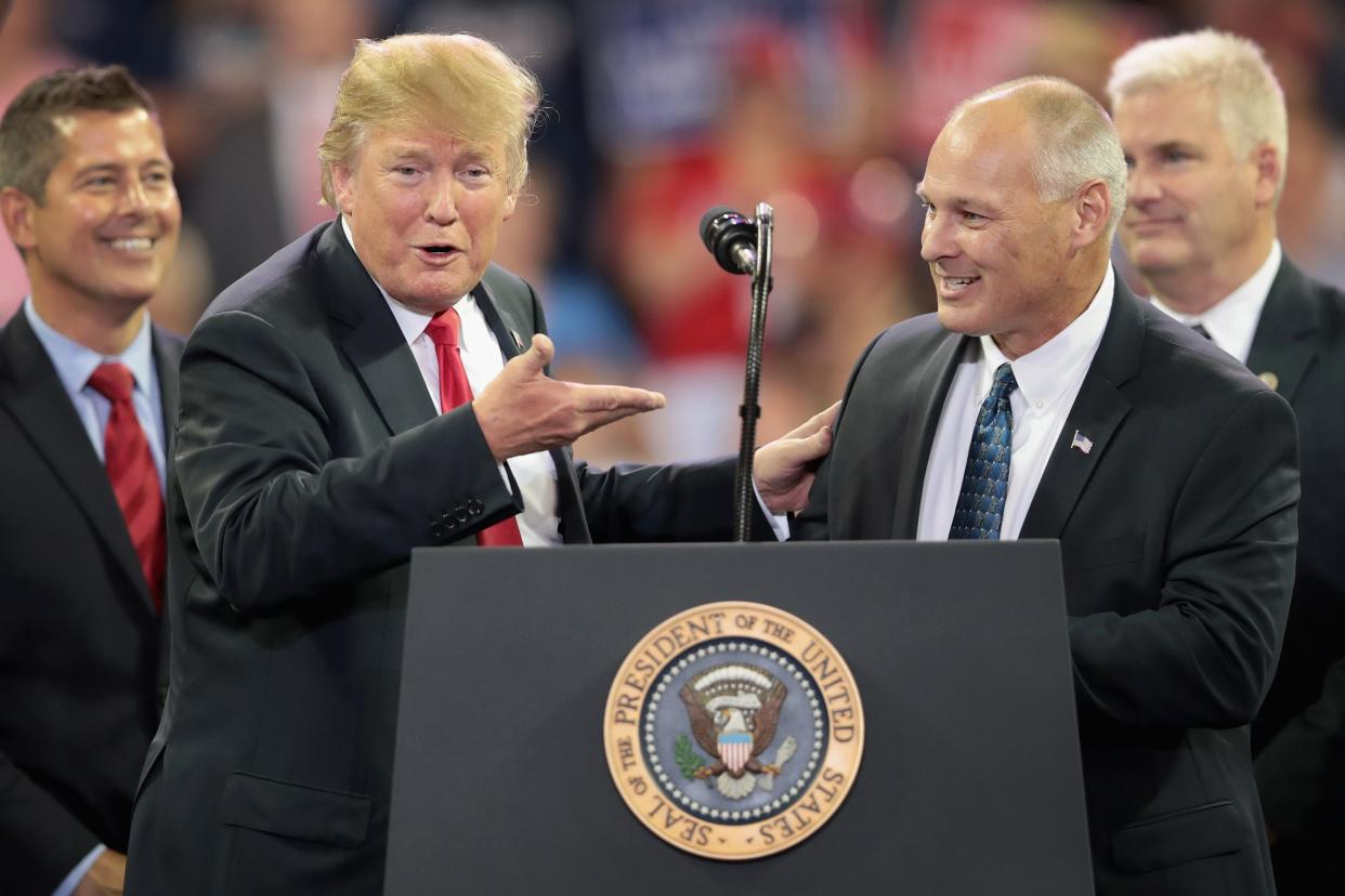 President Donald Trump introduces Pete Stauber, Republican candidate for the U.S. House in Minnesota's 8th District, during a campaign rally on June 20, 2018. in Duluth, Minnesota.