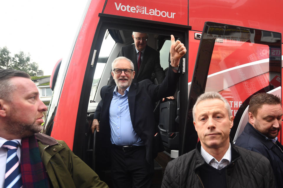 Labour Party leader Jeremy Corbyn and Welsh Labour leader Mark Drakeford (back) arriving in Swansea, while on the General Election campaign trail in Wales.