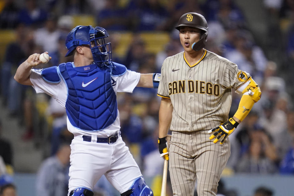 San Diego Padres' Ha-Seong Kim reacts after striking out against the Los Angeles Dodgers in Game 1 of the NLDS. (AP Photo/Ashley Landis)