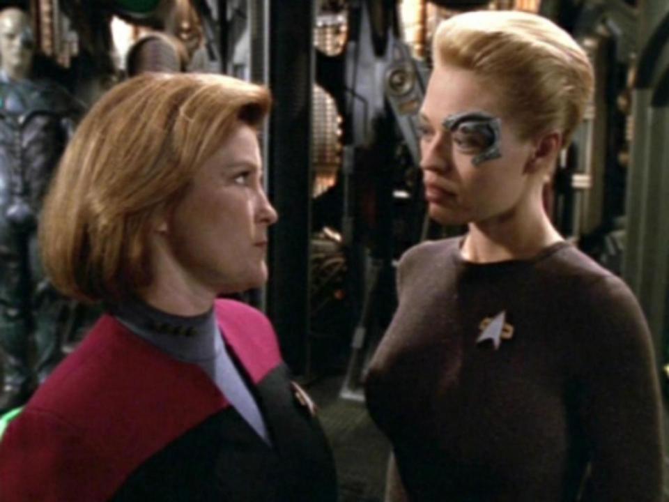 Jeri Ryan (right) as the Borg Seven of Nine with Kate Mulgrew (left) who took over the role of Captain Janeway in 'Star Trek: Voyager' after Genevieve Bujold quit after a day and a half's filming
