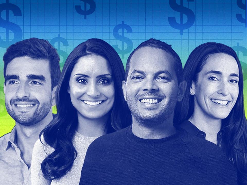 Four VC's in the foreground with a blue and green background behind various sized dollar signs