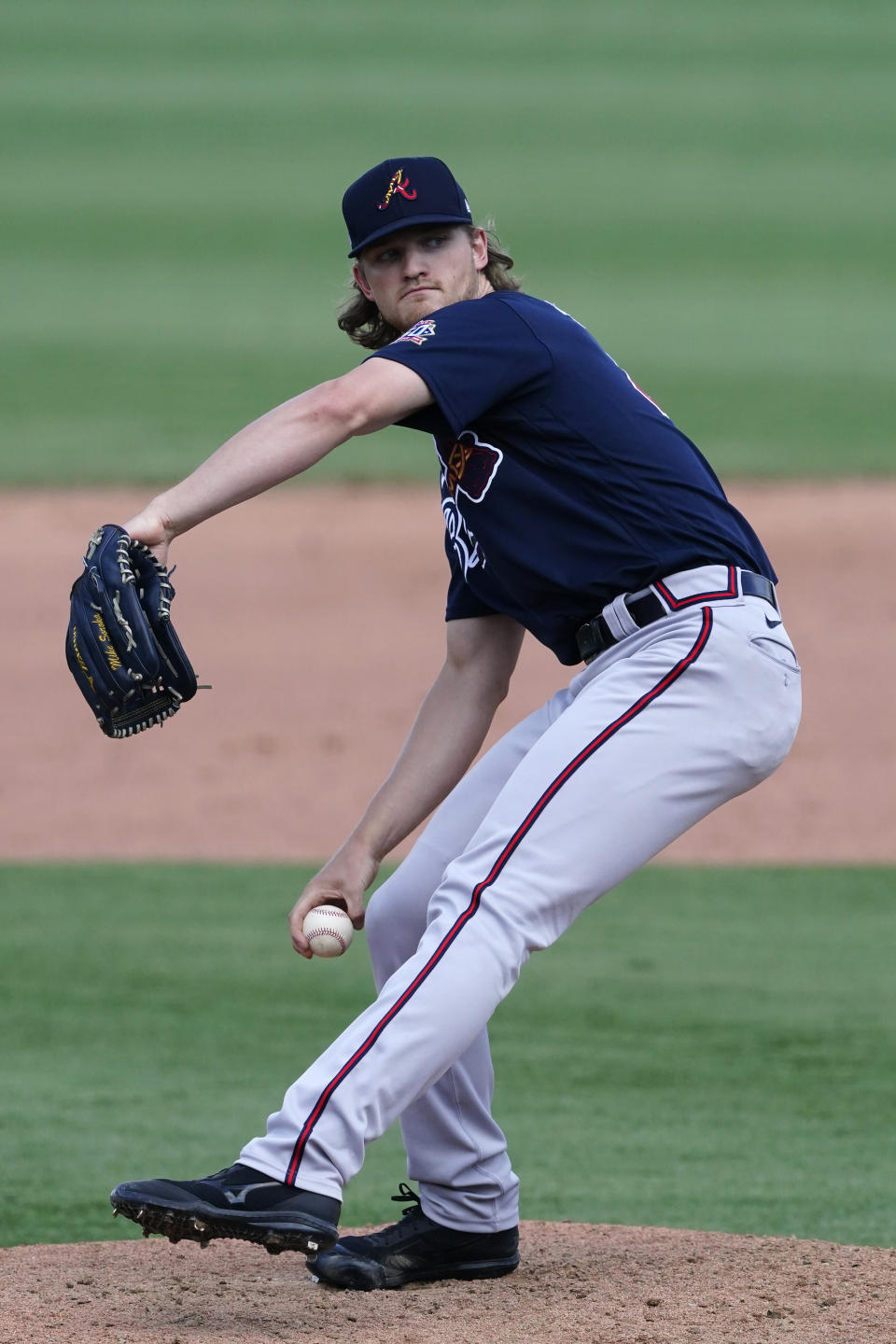 Atlanta Braves starting pitcher Mike Soroka (40) works in the seventh inning of a spring training baseball game against the Boston Red Sox Tuesday, March 30, 2021, in Fort Myers, Fla. Soroka was making his first appearance of the spring after tearing his Achilles tendon last August. (AP Photo/John Bazemore)