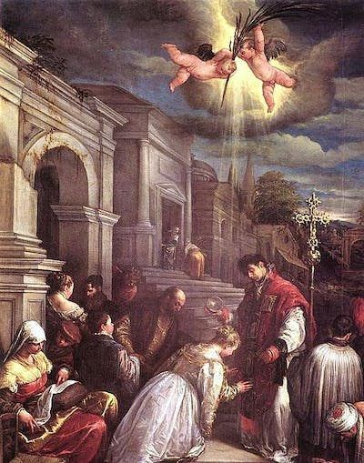 St. Valentine baptizing St. Lucilla. <a href="https://commons.wikimedia.org/wiki/File:St-valentine-baptizing-st-lucilla-jacopo-bassano.jpg" rel="nofollow noopener" target="_blank" data-ylk="slk:Jacopo Bassano (Jacopo da Ponte);elm:context_link;itc:0;sec:content-canvas" class="link ">Jacopo Bassano (Jacopo da Ponte)</a>