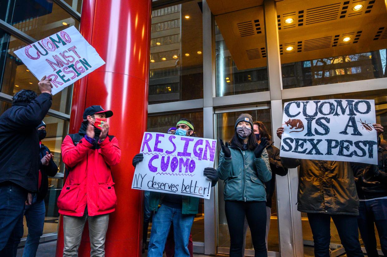 Demonstrators rally for New York Gov. Andrew Cuomo's resignation in front of his Manhattan office in New York, Tuesday, March 2. 