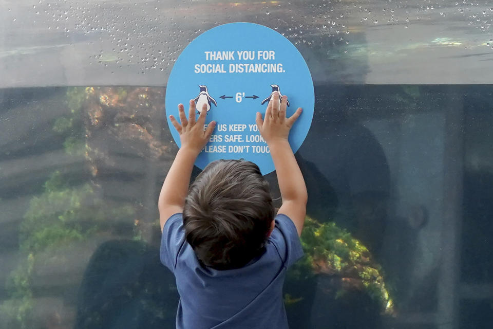 A young child reaches up to touch a social distancing sign on the glass of an outdoor seal exhibit at the New England Aquarium, Wednesday, May 26, 2021, in Boston. The nation's tourist destinations are facing a severe worker shortage just as they try to rebound from a year lost to the coronavirus pandemic. (AP Photo/Mary Schwalm)