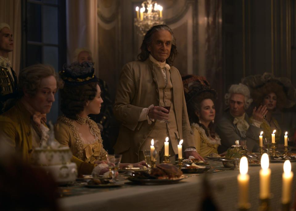 Benjamin Franklin (Michael Douglas) stumbles giving a toast in French in "Franklin." Douglas too mangled the language.