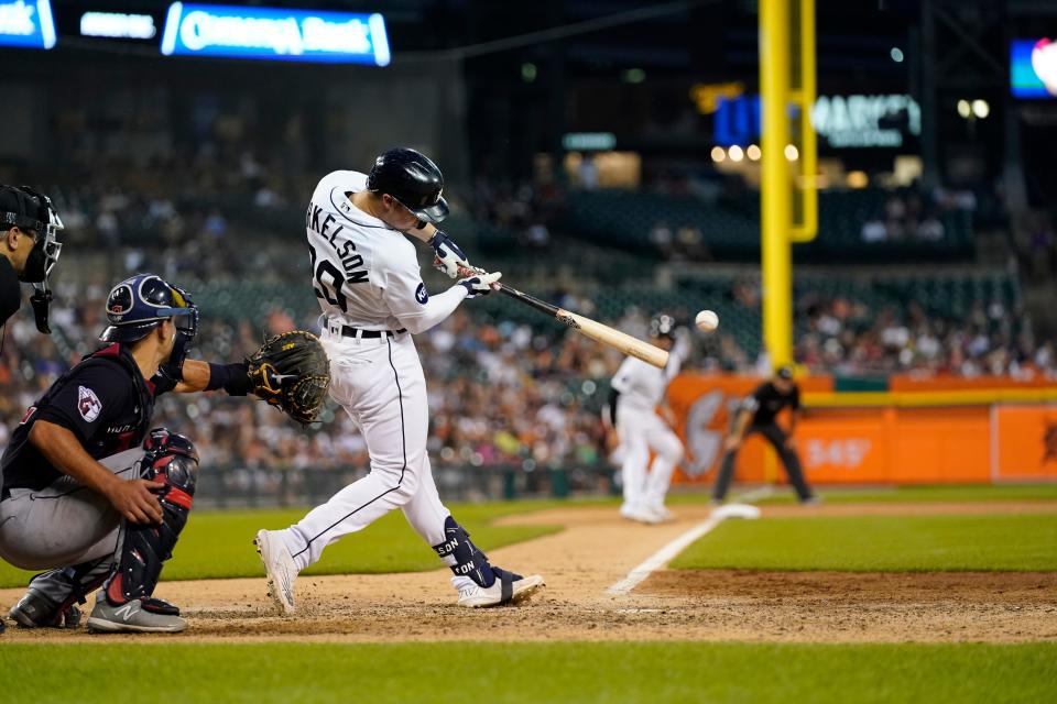Tigers first baseman Spencer Torkelson hits a RBI single during the sixth inning on Tuesday, July 5, 2022, at Comerica Park.