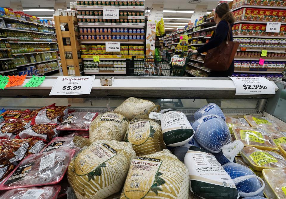 The ValuMarket grocery store has an assortment of turkeys available as the Thanksgiving holiday approaches in Louisville, Ky. on Nov. 2, 2021.  