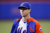 New York Mets starting pitcher Jacob deGrom walks on the field before a baseball game against the Chicago Cubs Wednesday, June 16, 2021, in New York. (AP Photo/Frank Franklin II)