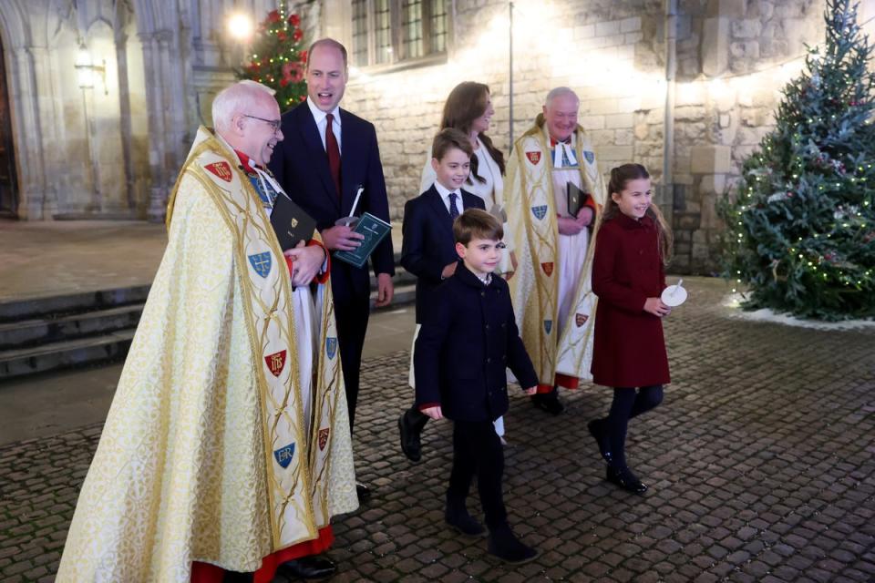 The Dean of Westminster Abbey, The Very Reverend Dr David Hoyle, the Prince of Wales, Prince George, Prince Louis, the Princess of Wales and Princess Charlotte leave after the service (Chris Jackson/PA Wire)