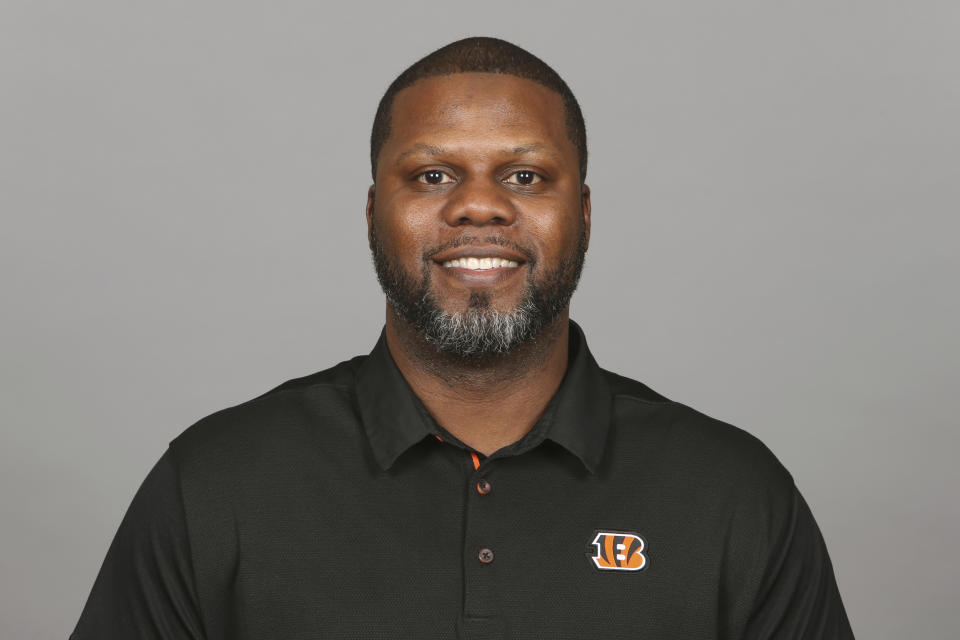 FILE - This is April 22, 2019, file photo showing Daronte Jones of the Cincinnati Bengals NFL football team. Jones is the new defensive coordinator for the LSU NCAA college football team. Jones had an introductory media conference on Tuesday, Feb. 2, 2021. (AP Photo/File)