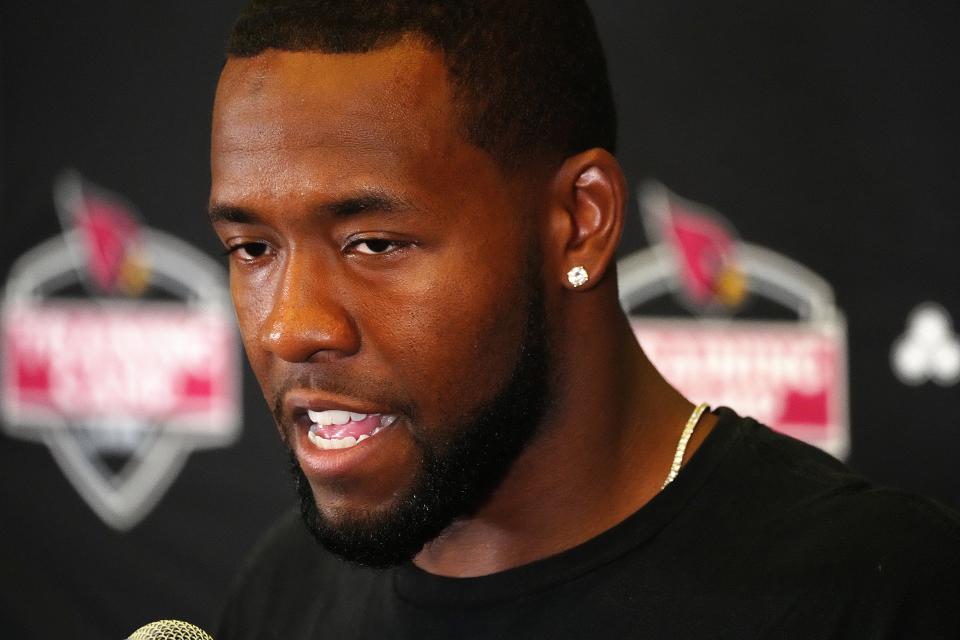 July 26, 2022;  Litchfield Park, Arizona; USA; Cardinals safety Budda Baker speaks during press conferences for the Cardinals Training Camp.