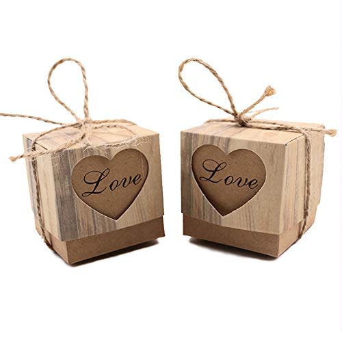 VGOODALL 100PCS Wedding Favor Candy Boxes, 2x2x2 Inches Mini Cube Brown Candy Gift Boxes with Heart Burlap Jute Twine for Guests Bridal Baby Shower Birthday Party Decorations