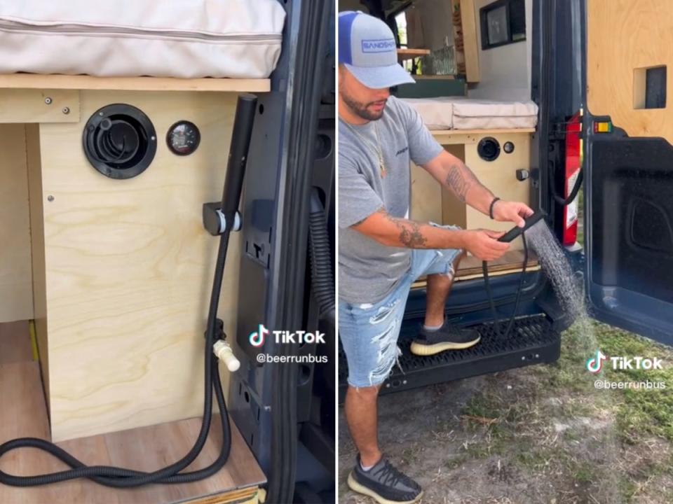 The couple added a small hose to the back of their fan for quick showers.