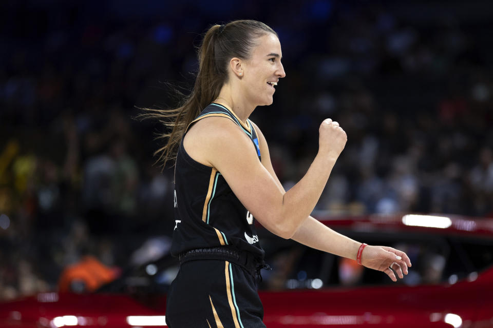 FILE - New York Liberty guard Sabrina Ionescu celebrates after competing in the WNBA All-Star skills event Friday, July 14, 2023, in Las Vegas. The Liberty are hitting their stride after capping off a brutal stretch of their schedule with a convincing win over the Las Vegas Aces. “They got us at their place really good, and we wanted to come in ready, to show our fans and ourselves how much we’ve improved over the last few months,” said New York guard Sabrina Ionescu after the 99-61 win over Las Vegas on Sunday, Aug. 6. (Ellen Schmidt/Las Vegas Review-Journal via AP)