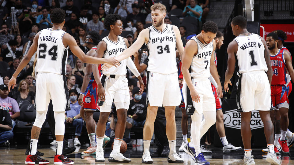 Jock Landale played his best game of the season for the San Antonio Spurs as they thumped the Detroit Pistons. (Photos by Brian Sevald/NBAE via Getty Images)