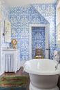 <p>Speaking of pattern-happy: This bathroom by <a href="https://www.housebeautiful.com/design-inspiration/house-tours/a30696941/charlotte-barnes-palmetto-bluff/" rel="nofollow noopener" target="_blank" data-ylk="slk:Charlotte Barnes;elm:context_link;itc:0;sec:content-canvas" class="link ">Charlotte Barnes </a>is a blue-and-white dream, and continuing the same Quadrille pattern into the adjacent room makes for a satisfying visual. </p>