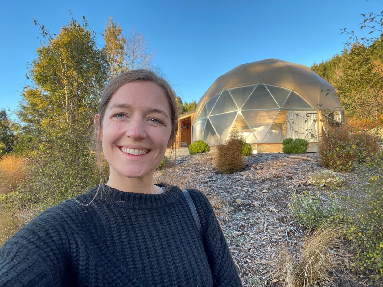 Insider's author in front of the geodesic dome she spent a night in during a trip to New Zealand.
