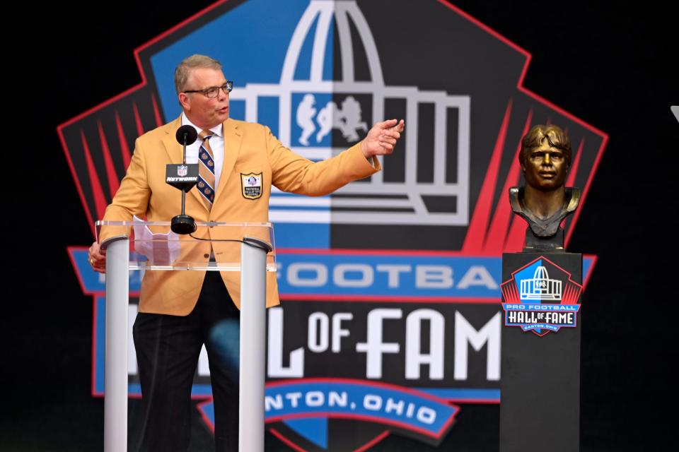 Joe Klecko speaks during the Pro Football Hall of Fame Enshrinement, Saturday, Aug. 5, 2023, in Canton.