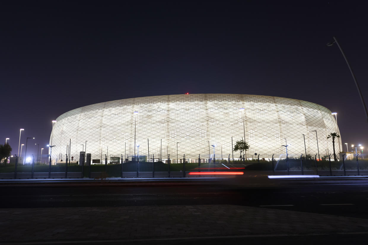 DOHA, QATAR - OCTOBER 05: An exterior night time view of the Al Thumama Stadium, a host venue for the Qatar 2022 FIFA World Cup. The architectural design, by the Chief Architect of Arab Engineering Bureau Ibrahim Jaidah takes its inspiration from the traditional taqiyah hat, a traditional cap which is worn by men and boys across the Middle East. on October 5, 2021 in Doha, Qatar. (Photo by James Williamson - AMA/Getty Images)