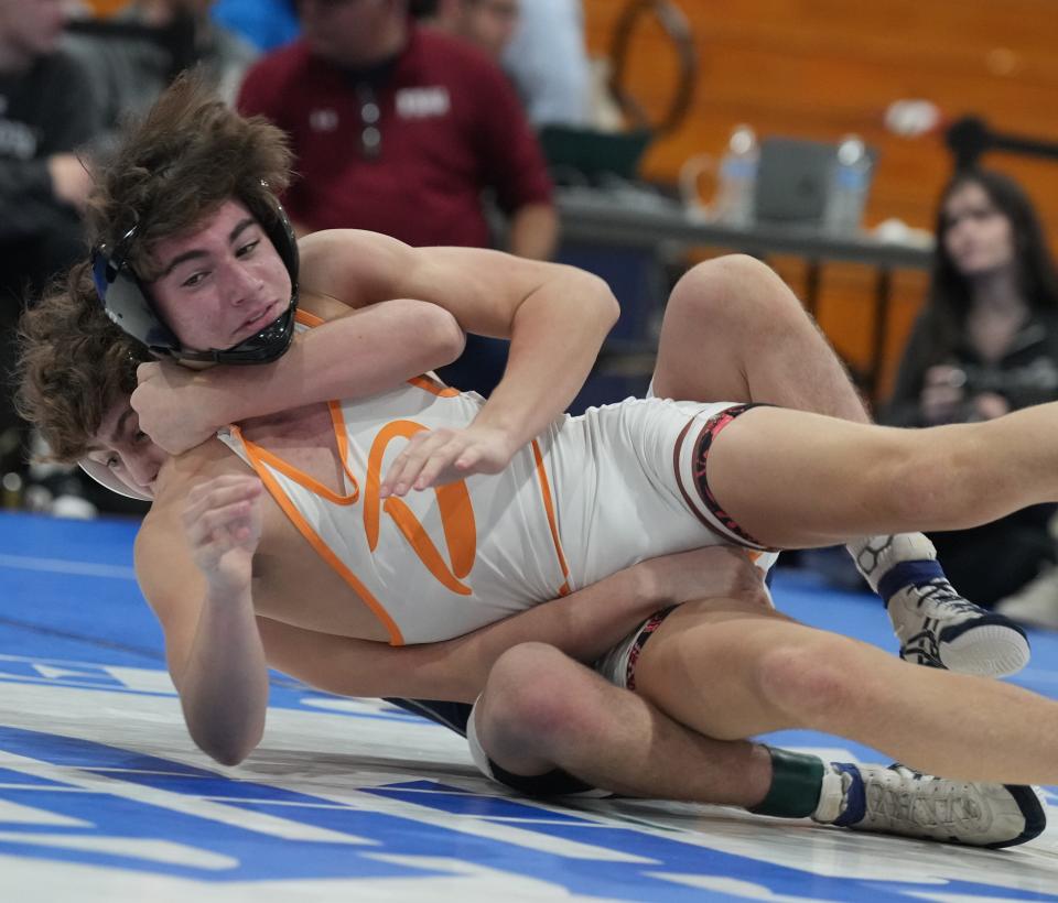 Florham Park, NJ -- December 28, 2023 -- Dalton Webber of Pope John defeated Joey Petriello of Dumont in the finals of the 126 lb. match to win the Sam Cali Wrestling Invitational that took place at Ferguson Recreation Center on the campus of FDU-Madison