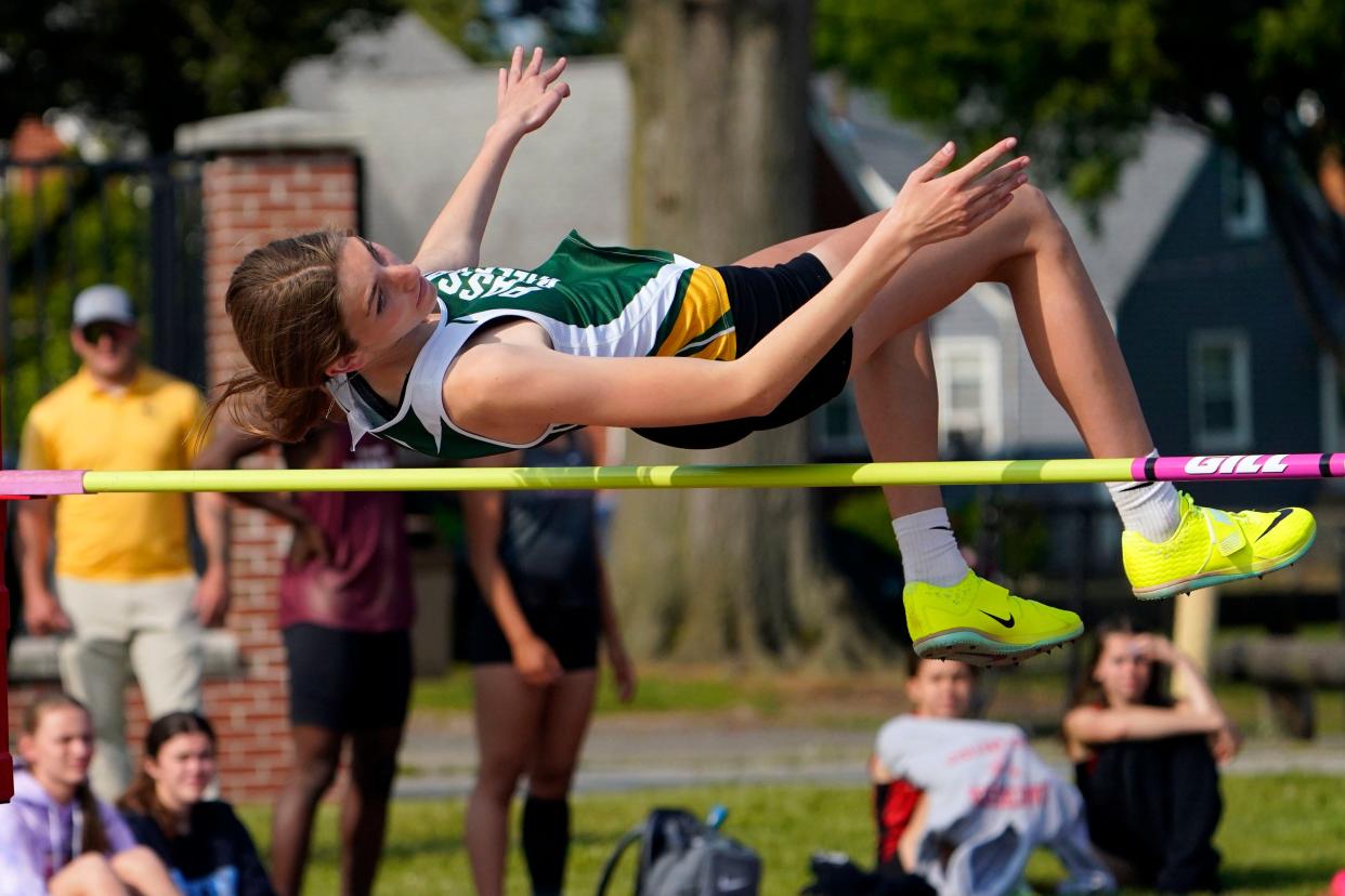 Mackenzie Beazley of Passaic Valley clears four-feet-eight-inches in the high jump during the Passaic County outdoor track championships at Clifton Stadium on May 23, 2023.
