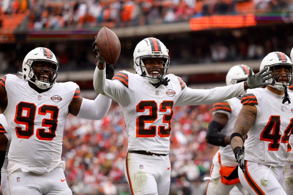 Cleveland Browns cornerback Martin Emerson Jr. (23) reacts after making an interception against the San Francisco 49ers on Sunday in Cleveland.