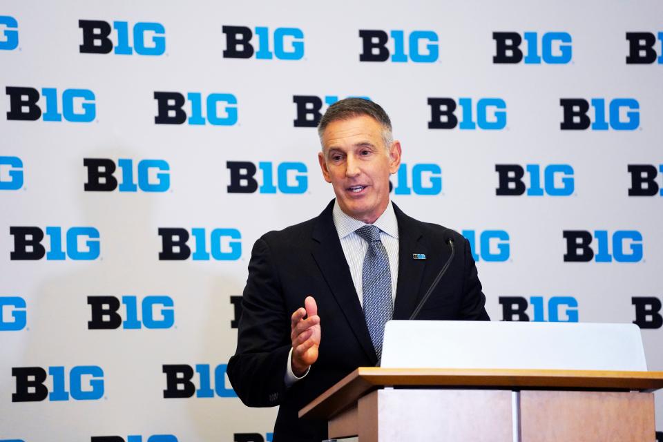 Tony Petitti speaks to the media as he's introduced as the new commissioner of the Big Ten, Friday, April 28, 2023, in Rosemont, Ill.