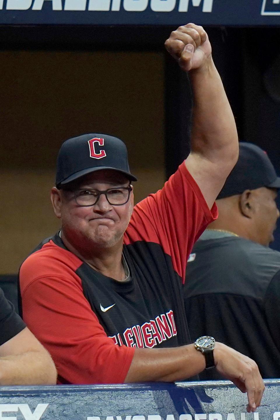 Cleveland Guardians manager Terry Francona reacts during the first inning of a baseball game against the Tampa Bay Rays Friday, July 29, 2022, in St. Petersburg, Fla. (AP Photo/Chris O'Meara)