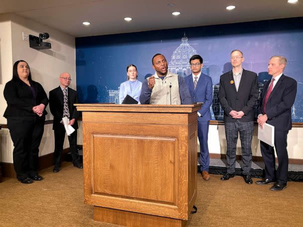 PHOTO: In this Jan. 9, 2023, file photo, Elizer Darris, co-executive director of the Minnesota Freedom Fund, speaks at a news conference in St. Paul, Minn., to call on the Legislature to restore voting rights for felons after they get out of prison. (Steve Karnowski/AP, FILE)