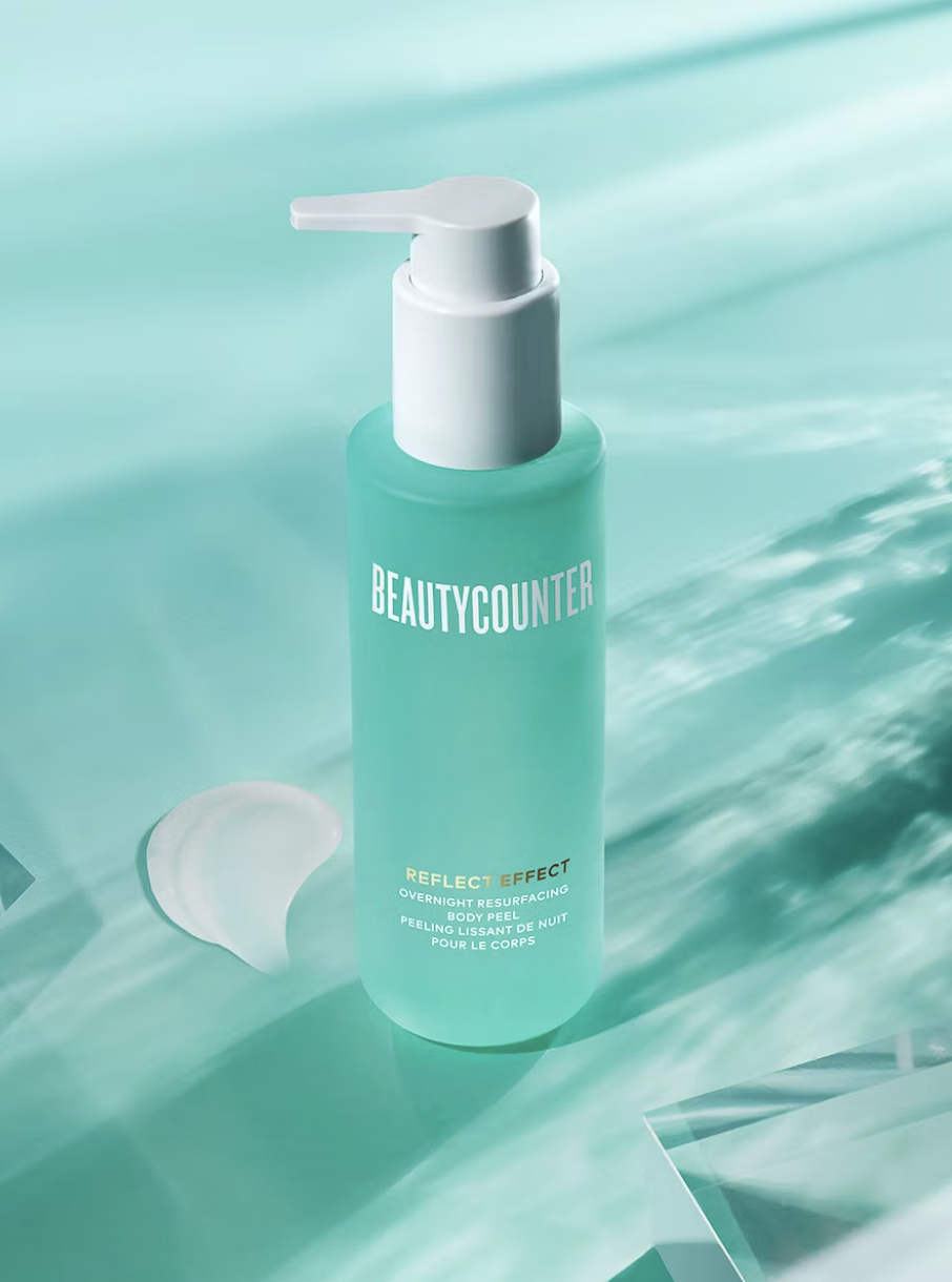 Reflect Effect Overnight Resurfacing Body Peel skincare product on teal background (Photo via Beautycounter)