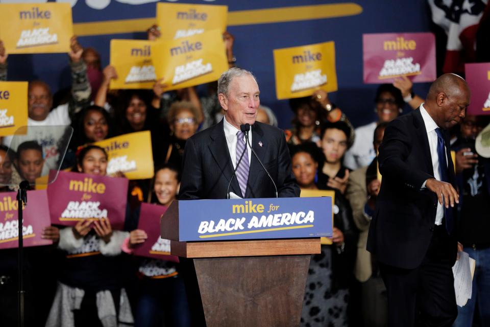 Democratic presidential candidate and former New York City Mayor Michael Bloomberg speaks during a campaign rally at the Buffalo Soldier Museum in Houston, Thursday, Feb. 13, 2020. Houston Mayor Sylvester Turner stands at right. (Elizabeth Conley/Houston Chronicle via AP)