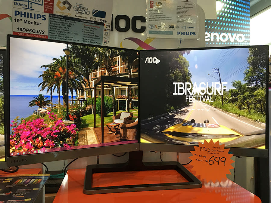 This Philips 19DP6QJNS is a single monitor but it's made up of two 19-inch panels. Good for multi-tasking, the two displays can also be combined to show one desktop. Going for $699 at Comex (U.P: $739), and comes with a free HDMI cable.