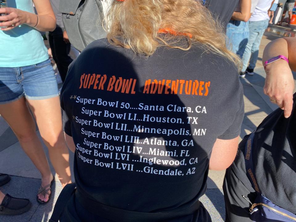 A fan shows off her Super Bowl shirt at Gronk Beach.