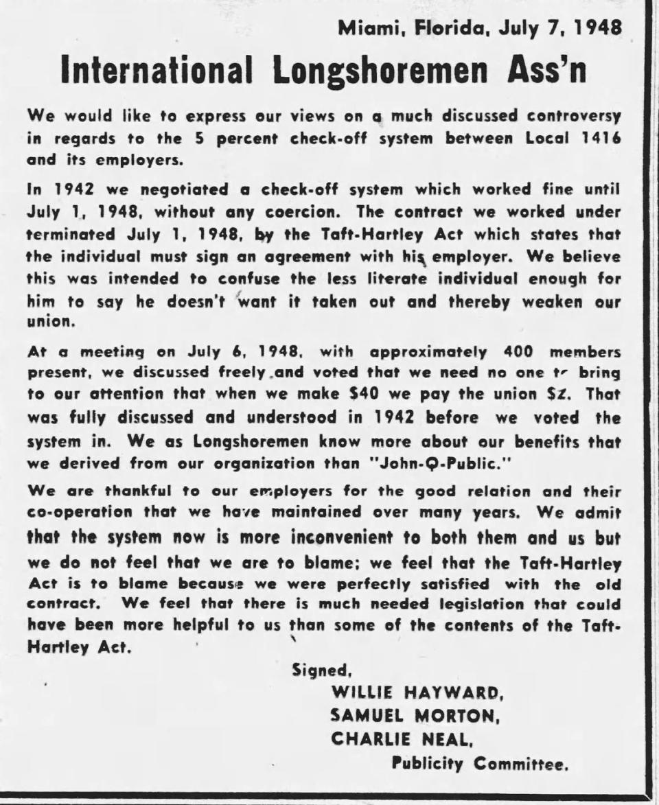 An ad from the International Longshoremen’s Association Local 1416 opposing the recently passed Taft-Harley Act ran in the Miami Herald on July 9, 1948.