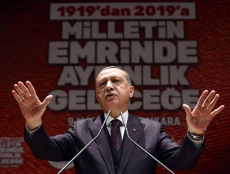 Turkish President Tayyip Erdogan speaks during a meeting in Ankara, Turkey March 9, 2018. Kayhan Ozer/Presidential Palace/Handout via REUTERS