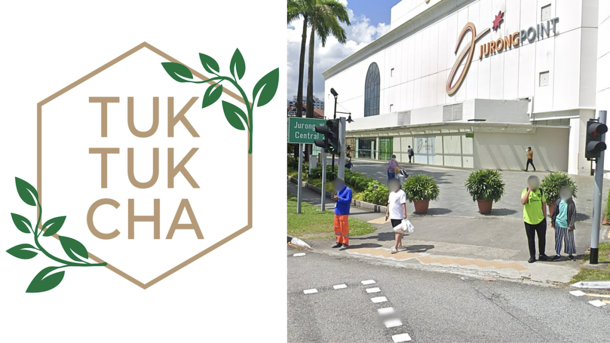 Tuk Tuk Cha logo (left) and screen grab of exterior of Jurong Point Mall (Photos: Facebook/Tuk Tuk Cha and Google Maps)