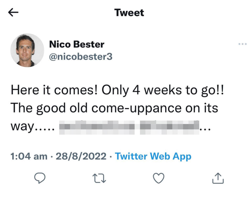 A tweet appearing to be from Nicolaas Bester, who was convicted of abusing Grace Tame. Source: Twitter