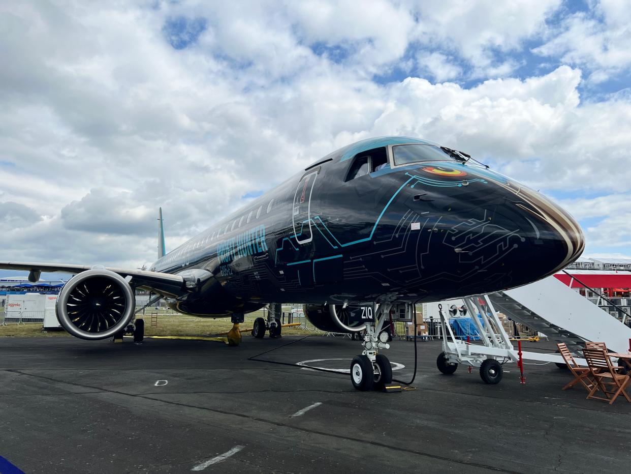 A front view of an Embraer E195-E2 at the 2024 Farnborough Airshow