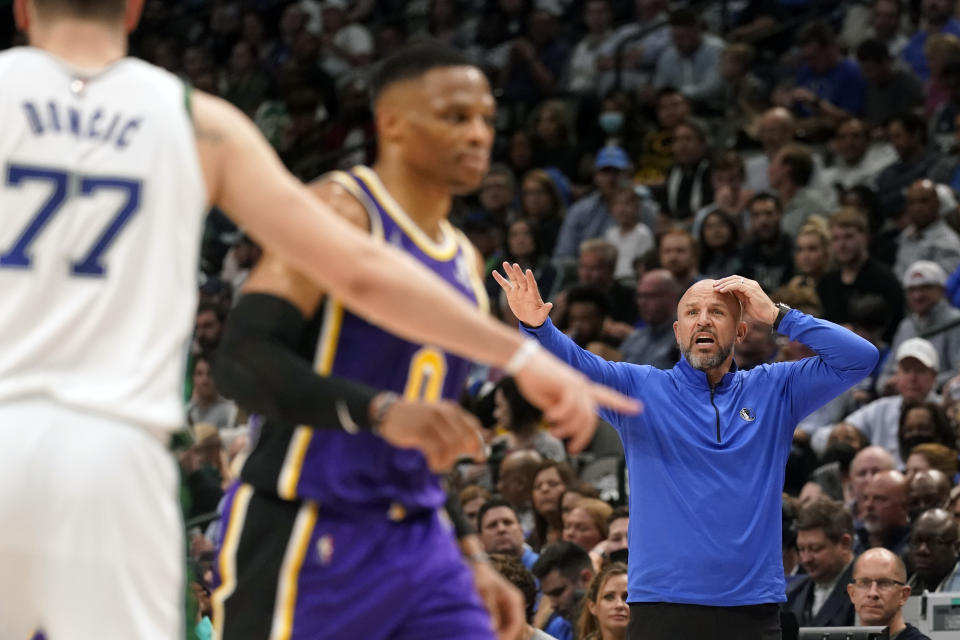 Dallas Mavericks head coach Jason Kidd yells from the sidelines during the first half of an NBA basketball game against the Los Angeles Lakers in Dallas, Tuesday, March 29, 2022. (AP Photo/LM Otero)