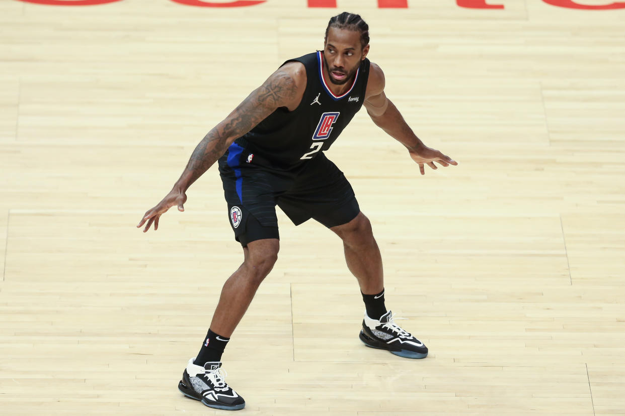 LOS ANGELES, CA - JUNE 14: LA Clippers forward Kawhi Leonard (2) ready for defense during the game 4 of the second round of the Western Conference Playoffs between the Utah Jazz and the Los Angeles Clippers on June 14, 2021, at Staples Center in Los Angeles, CA. (Photo by Jevone Moore/Icon Sportswire via Getty Images)