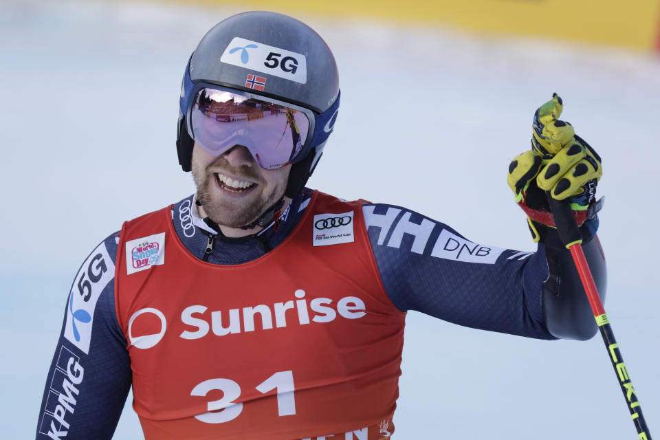 Norway's Aleksander Aamodt Kilde reacts after completing an alpine ski, men's World Cup giant slalom race, in Adelboden, Switzerland, Saturday, Jan. 7, 2023. (AP Photo/Giovanni Pizzato)