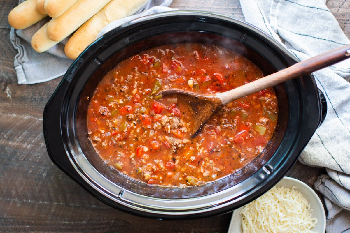 <p>The Magical Slow Cooker</p><p>If you love stuffed peppers then you may love stuffed pepper soup even more!</p><p><strong>Get the Recipe: <a href="https://www.themagicalslowcooker.com/slow-cooker-stuffed-pepper-soup/" rel="nofollow noopener" target="_blank" data-ylk="slk:Crock Pot Stuffed Pepper Soup;elm:context_link;itc:0;sec:content-canvas" class="link rapid-noclick-resp">Crock Pot Stuffed Pepper Soup</a></strong></p>