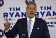 Rep. Tim Ryan, D-Ohio, running for an open U.S. Senate seat in Ohio, speaks to supporters after the polls closed on primary election day Tuesday, May 3, 2022, in Columbus, Ohio. (AP Photo/Jay LaPrete)