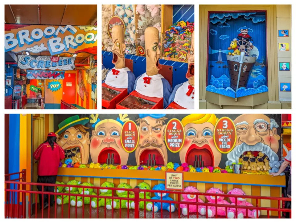 Four different pictures showing the retro look of the decorations at Luna Park, including old fashioned exaggerated faces